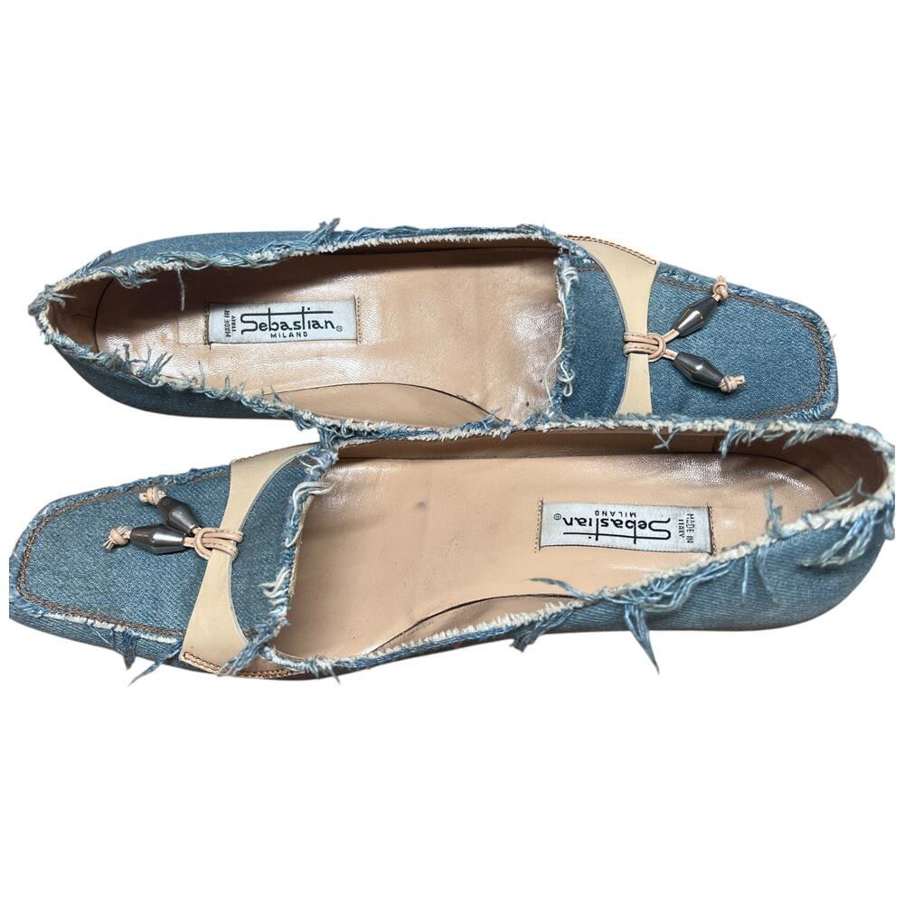 SEBASTIAN Milano Women's 39.5/US 9-9.5 Blue Jean Kitten Heels Denim Shoes Italy - Picture 7 of 13
